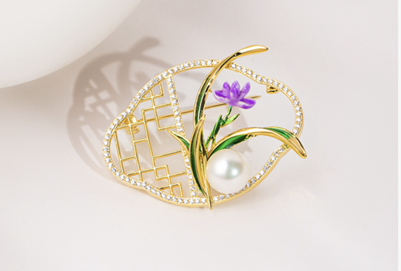 Brooch Window lattice Freshwater pearls and Enamel